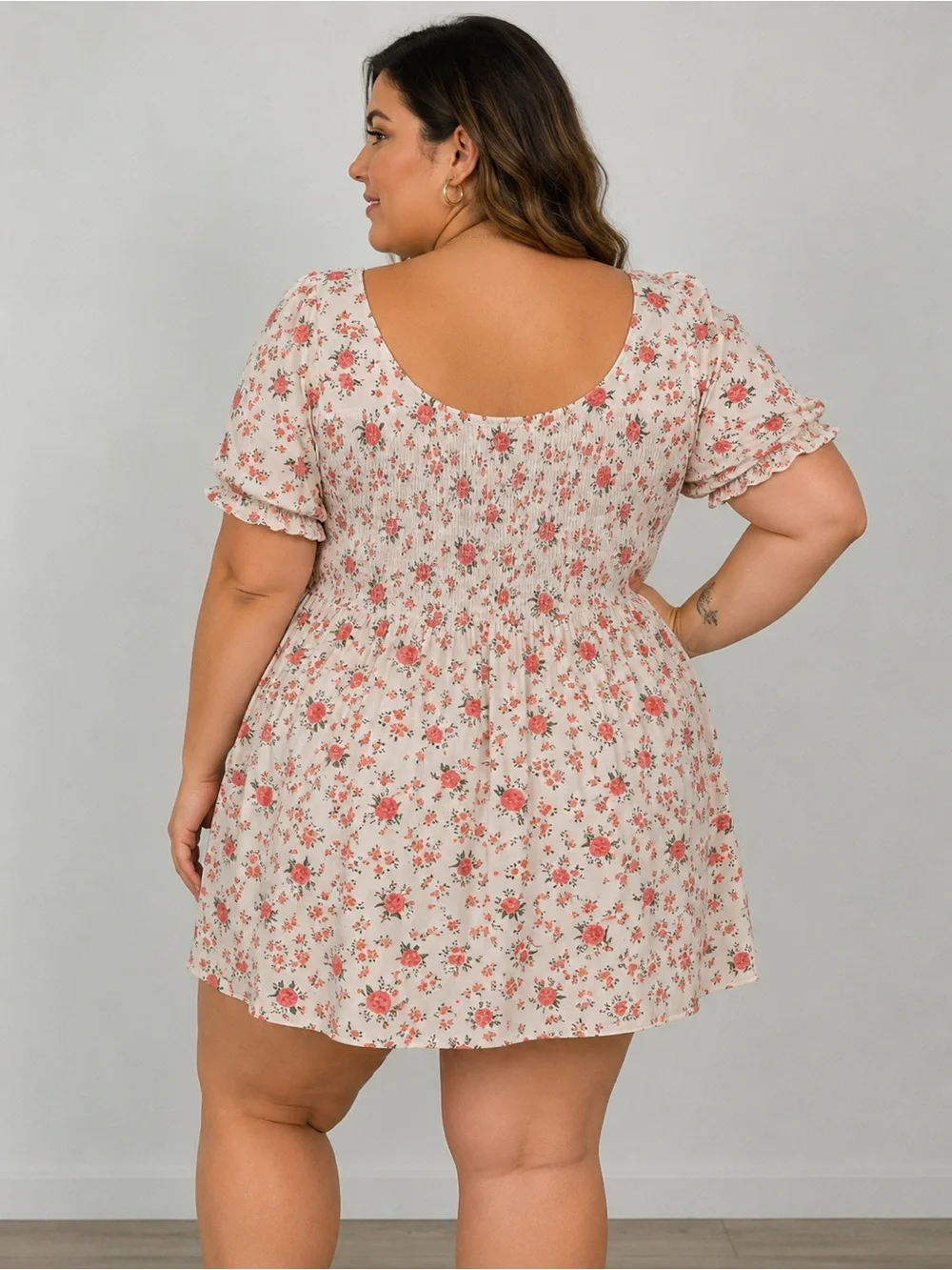 mySTYLE Floral Smocked Babydoll Dress – Women’s 1X – Cream Pink Floral - Picture 3 of 5